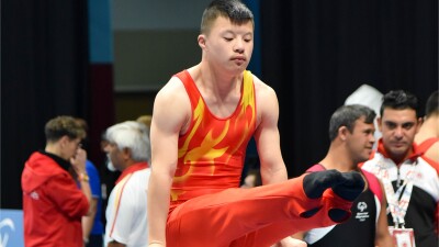 Artistic gymnast Li Xiang on the pommel horse. 