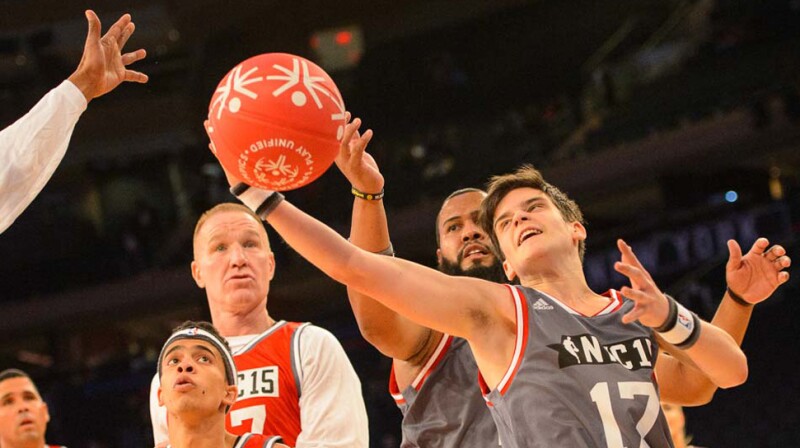 Special Olympics Belgium athlete Cedriek Beerten (No. 17) reaches for the ball during the 2015 NBA Cares Unified Basketball Game at Madison Square Garden in New York City.