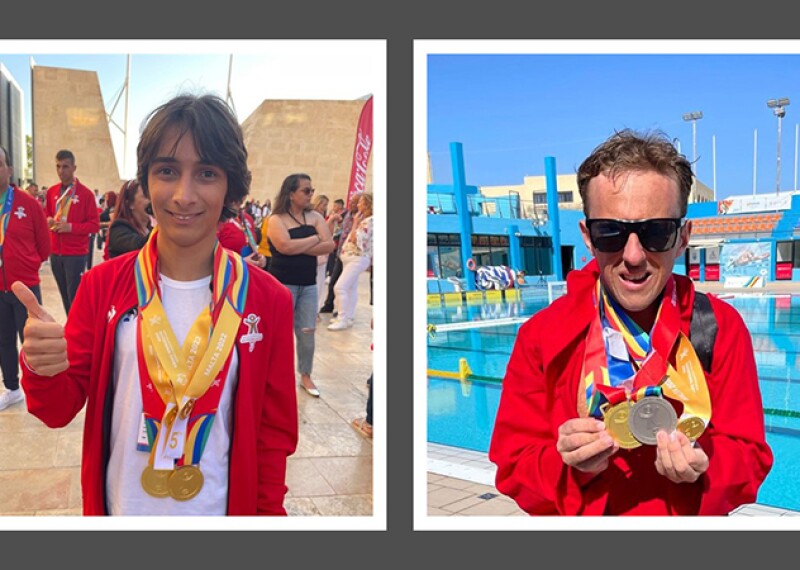 two pictures of young men standing and holding medals