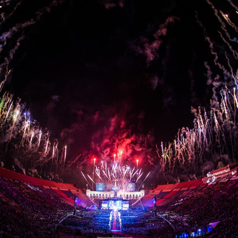 Fireworks going off at night at the Los Angeles World Games. 