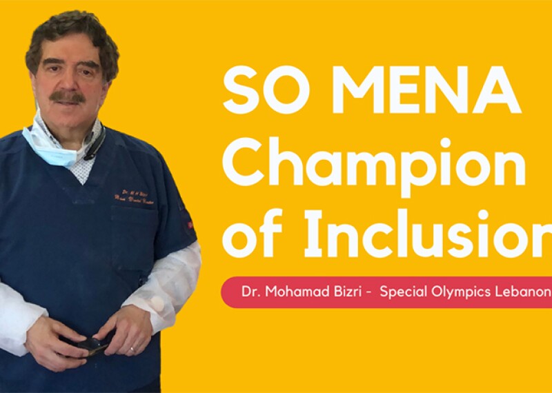 Image reads on right "SO MENA Champion of Inclusion", on left image of Dr. Bizri wearing blue clinic scrubs smiling at the camera appears on bright yellow background.